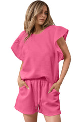Black Textured Ruffle Sleeve Tee and Drawstring Shorts Set