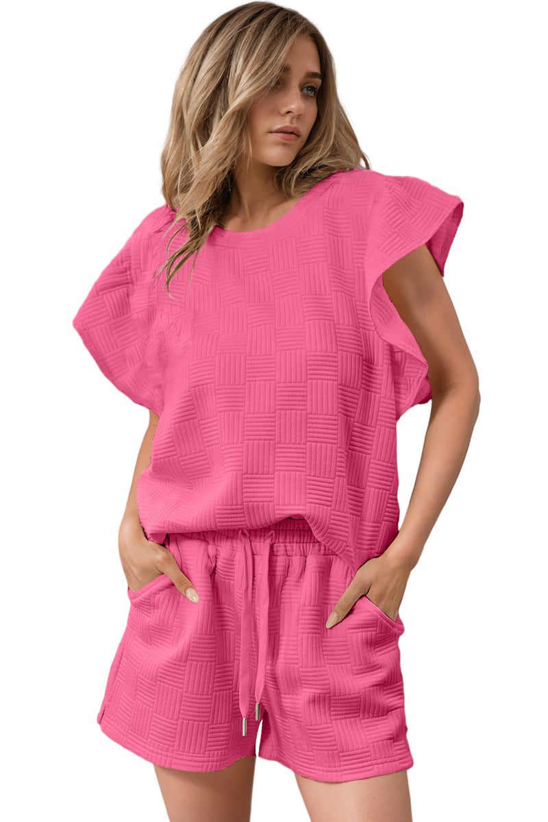 Black Textured Ruffle Sleeve Tee and Drawstring Shorts Set