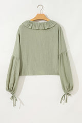 Meadow Mist Green Bow Tie Front Ruffle Trim V Neck Long Sleeve Blouse