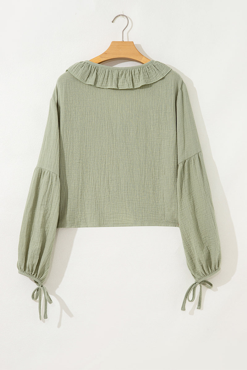 Meadow Mist Green Bow Tie Front Ruffle Trim V Neck Long Sleeve Blouse