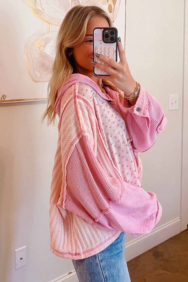 Pink Mixed Texture Waffle Floral Patchwork Hooded Oversized Pullover Top
