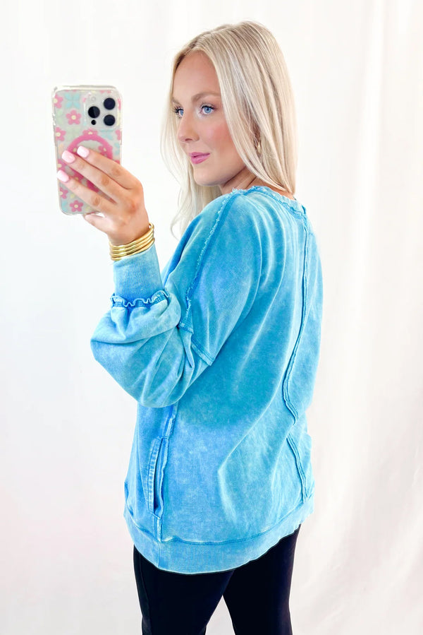 Blue Acid Washed Pocket Pullover Sweatshirt