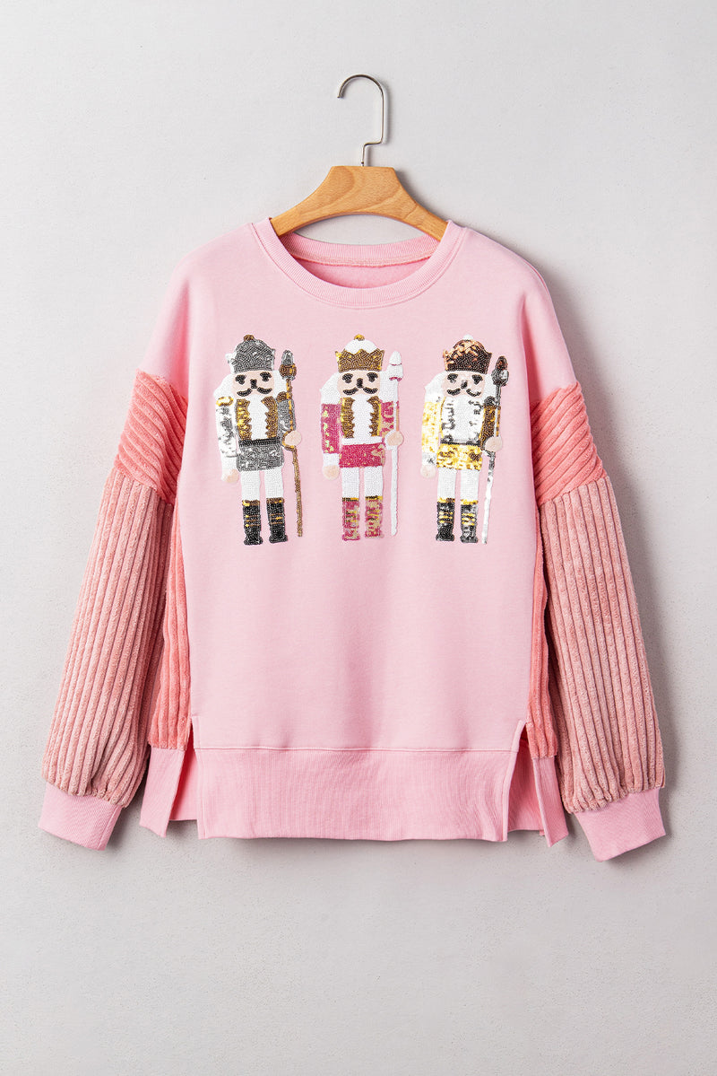 Light Pink Sequin Nutcracker Textured Sleeve Patchwork Sweatshirt