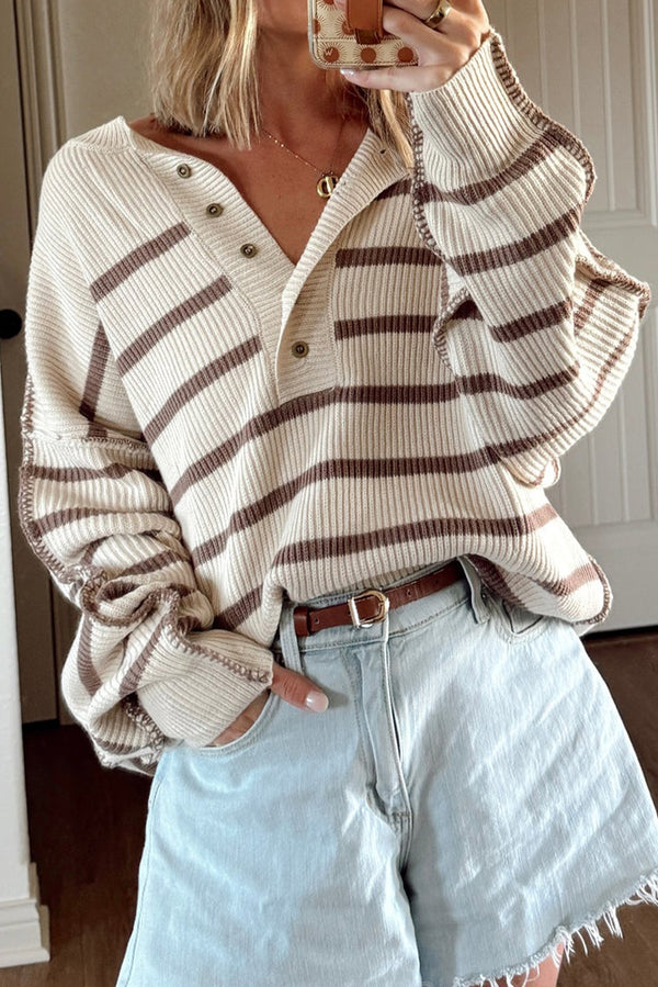 Brown Striped Exposed Seam Loose Henley Sweater