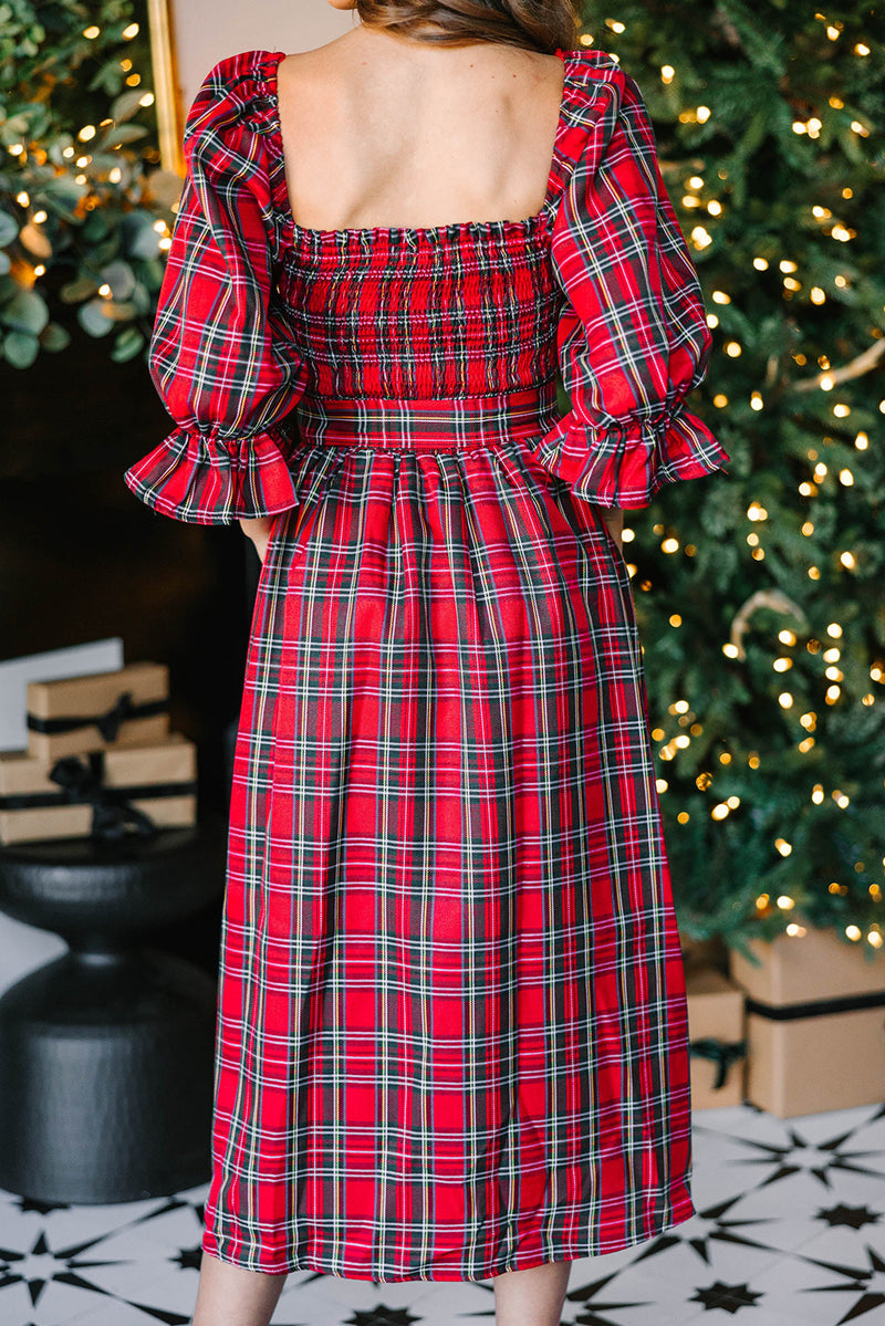 Green Plaid Square Neck Puff Sleeve Bowknot Waist Flared Midi Dress
