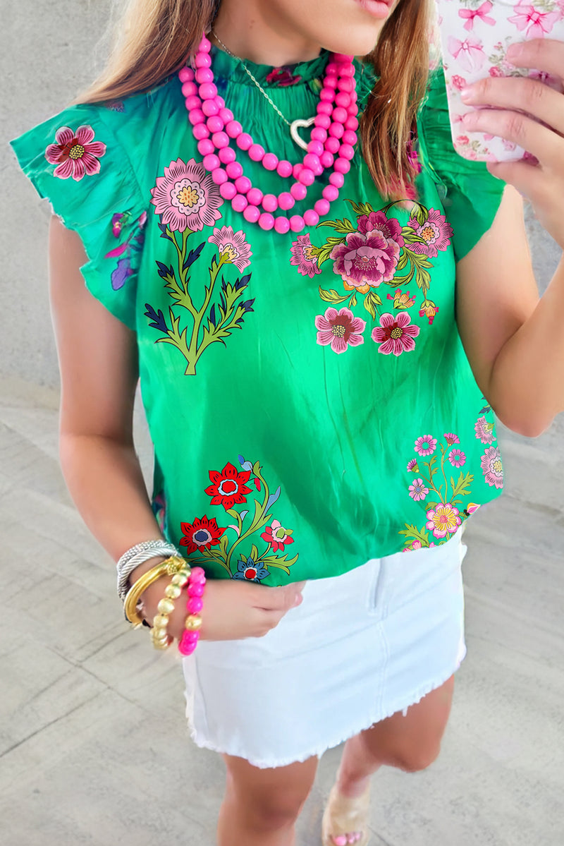 Green Floral Print Flutter Sleeve Frill Neck Blouse