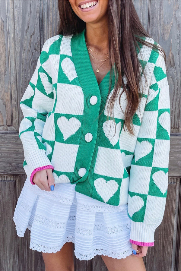 Sea Green Heart Checkered Pattern V Neck Knit Cardigan