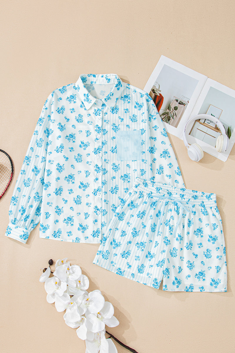 Sky Blue Floral Striped Print Patched Pocket Shirt and Shorts Set