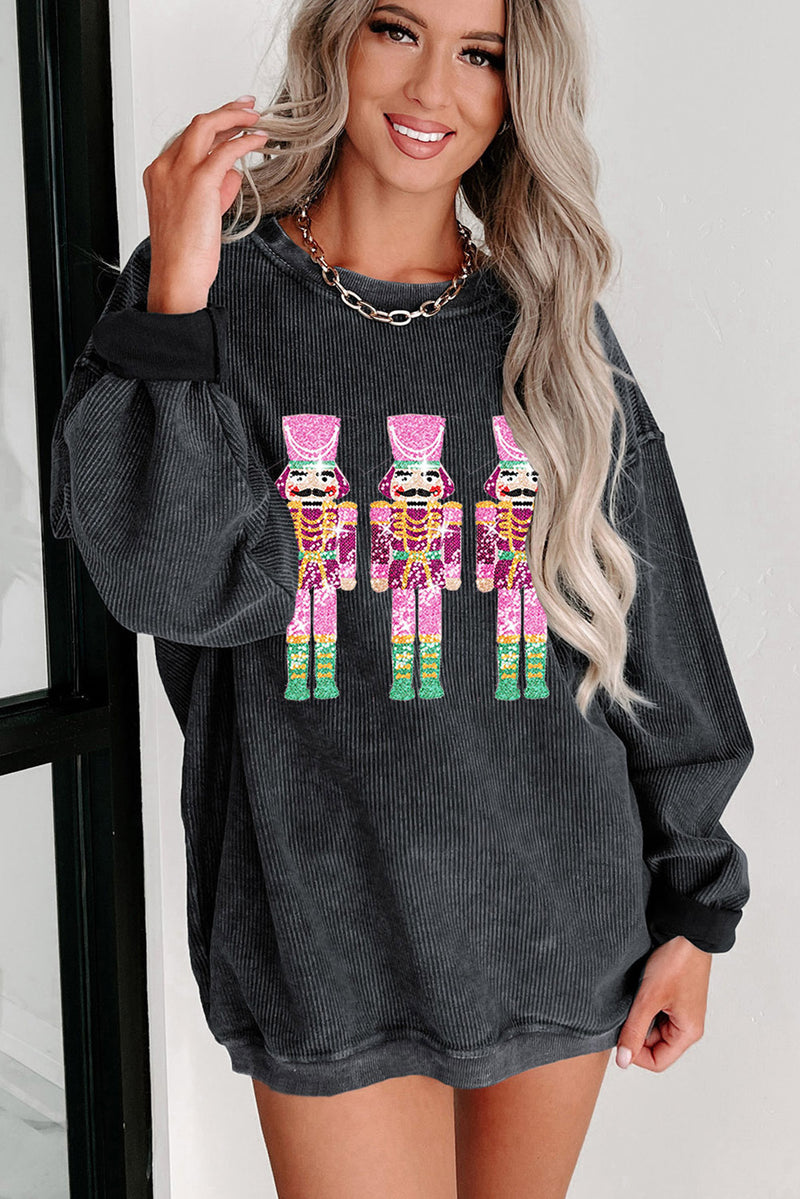 Pink Nutcracker Graphic Sequins Patch Mineral Wash Corded Sweatshirt
