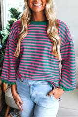 Racing Red Striped Round Neck Contrast Trim Bell Sleeve Top