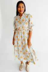 Brown Floral Printed Frilled V Neck Bracelet Sleeve Long Dress