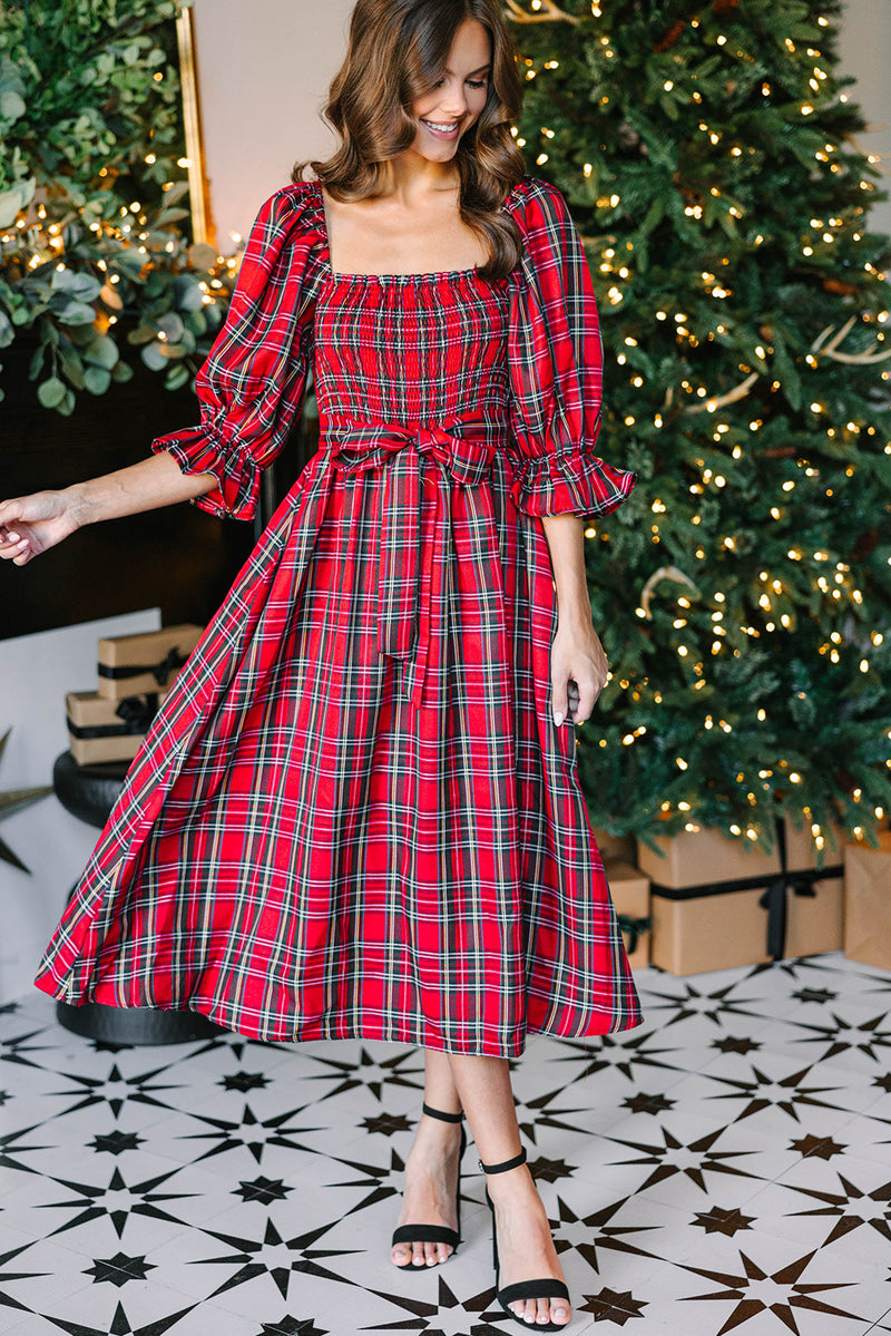 Green Plaid Square Neck Puff Sleeve Bowknot Waist Flared Midi Dress