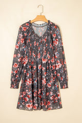 Brown Frilly Smocked Bodice Floral Mesh Long Sleeve Mini Dress