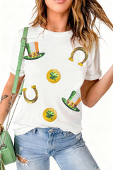 White St Patricks Day Sequin Graphic Casual T Shirt