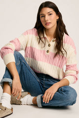 Pink Colorblock Button Collar Twisted Cable Knit Sweater