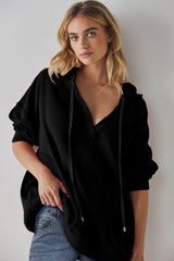 White Oversize Waffle Drop Shoulder Exposed Seam V Neck Hoodie