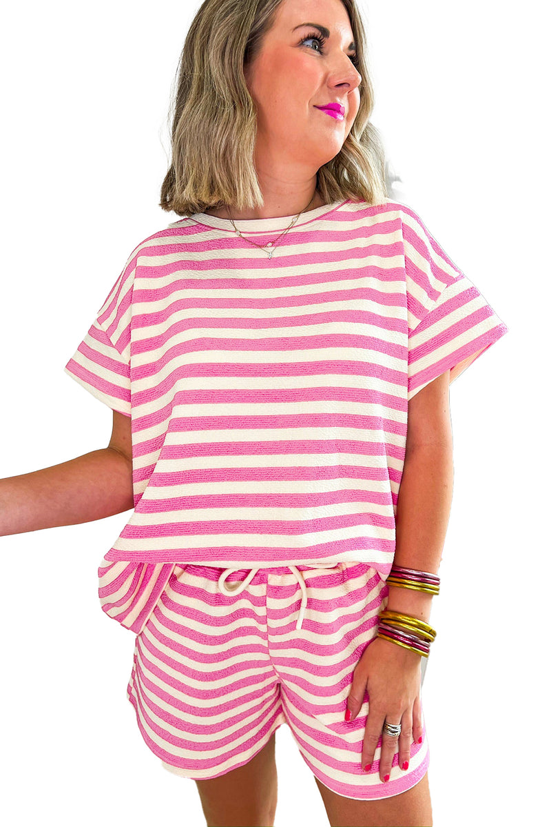 Rose Stripe Crew Neck T Shirt and Drawstring Shorts Set