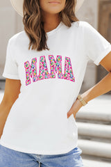 White Floral MAMA Lettering Printed Tee