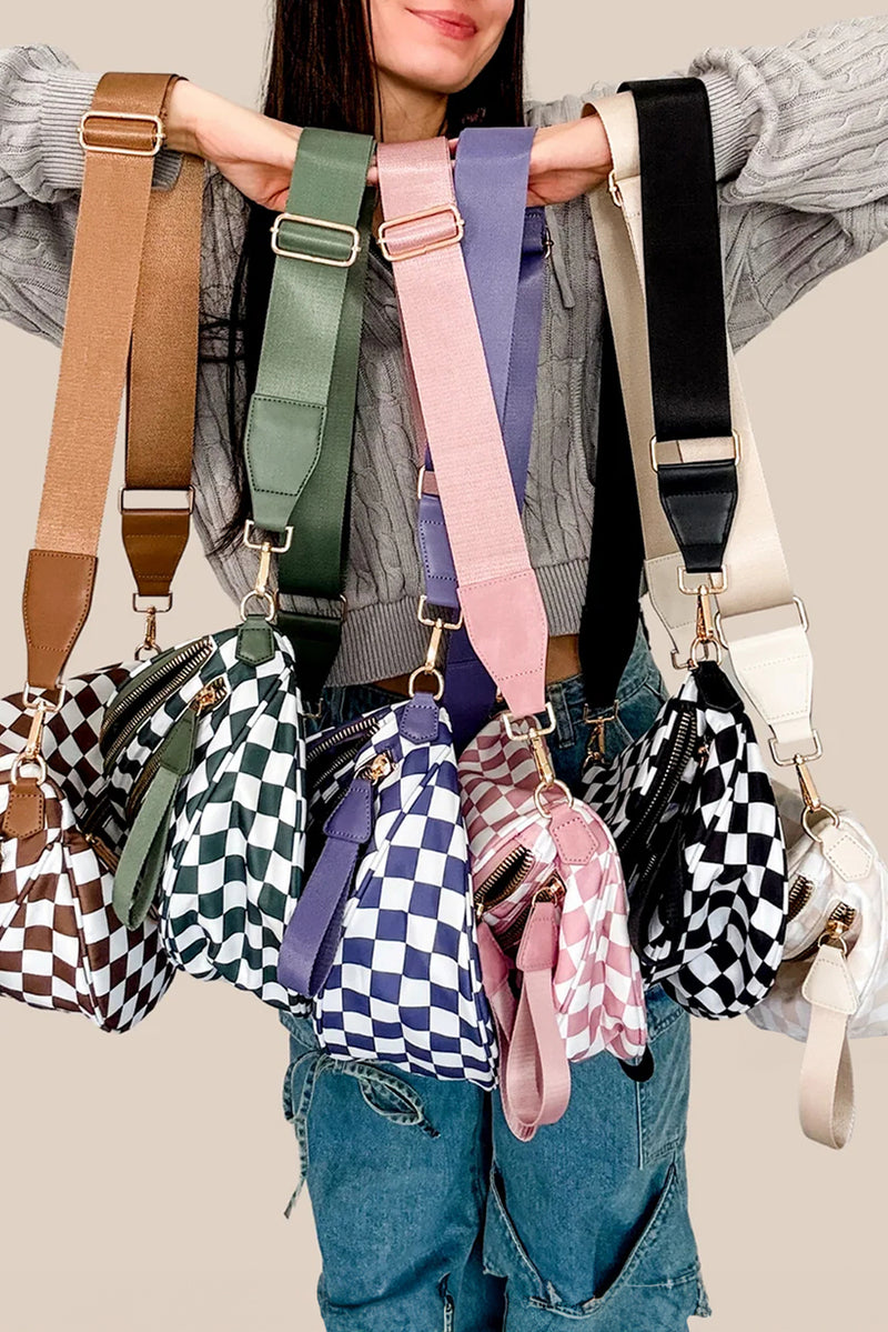 Fiery Red Checkered Print Wide Strap Large Crossbody Bag