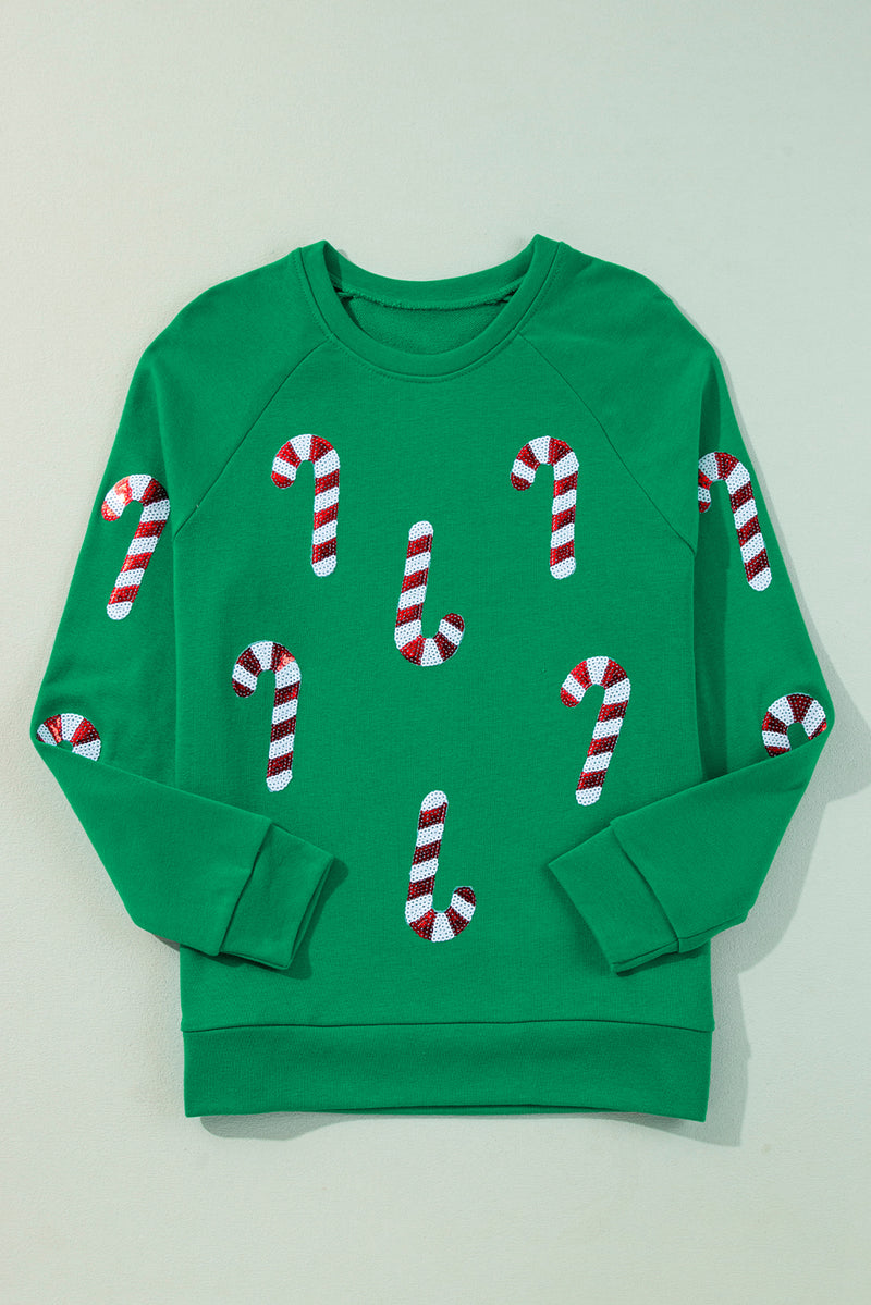Green Christmas Candy Cane Graphic Sequins Patch Pullover Sweatshirt