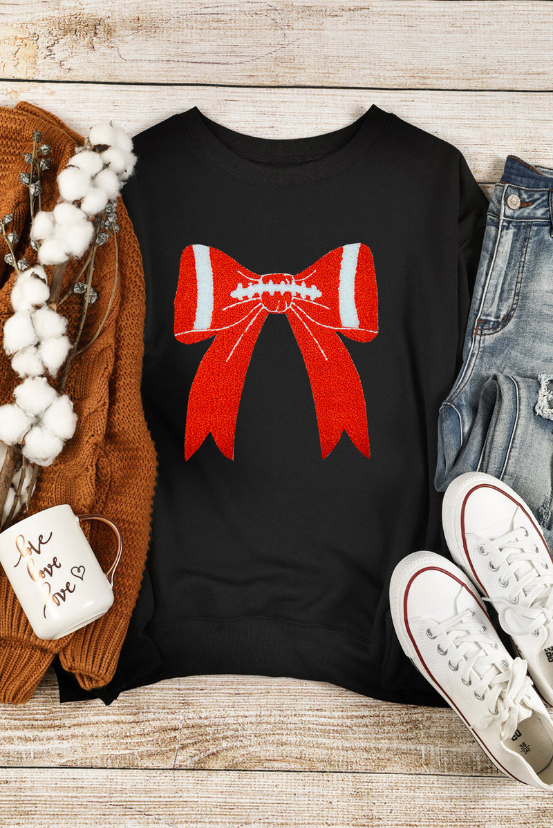 Black Game Day Chenille Bow Patched Drop Shoulder Sweatshirt