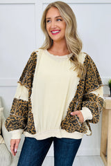 Beige Raw Seam Color Block Leopard Patchwork Baggy Long Sleeve Top