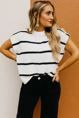White Striped Center Seamed Short Sleeve Sweater