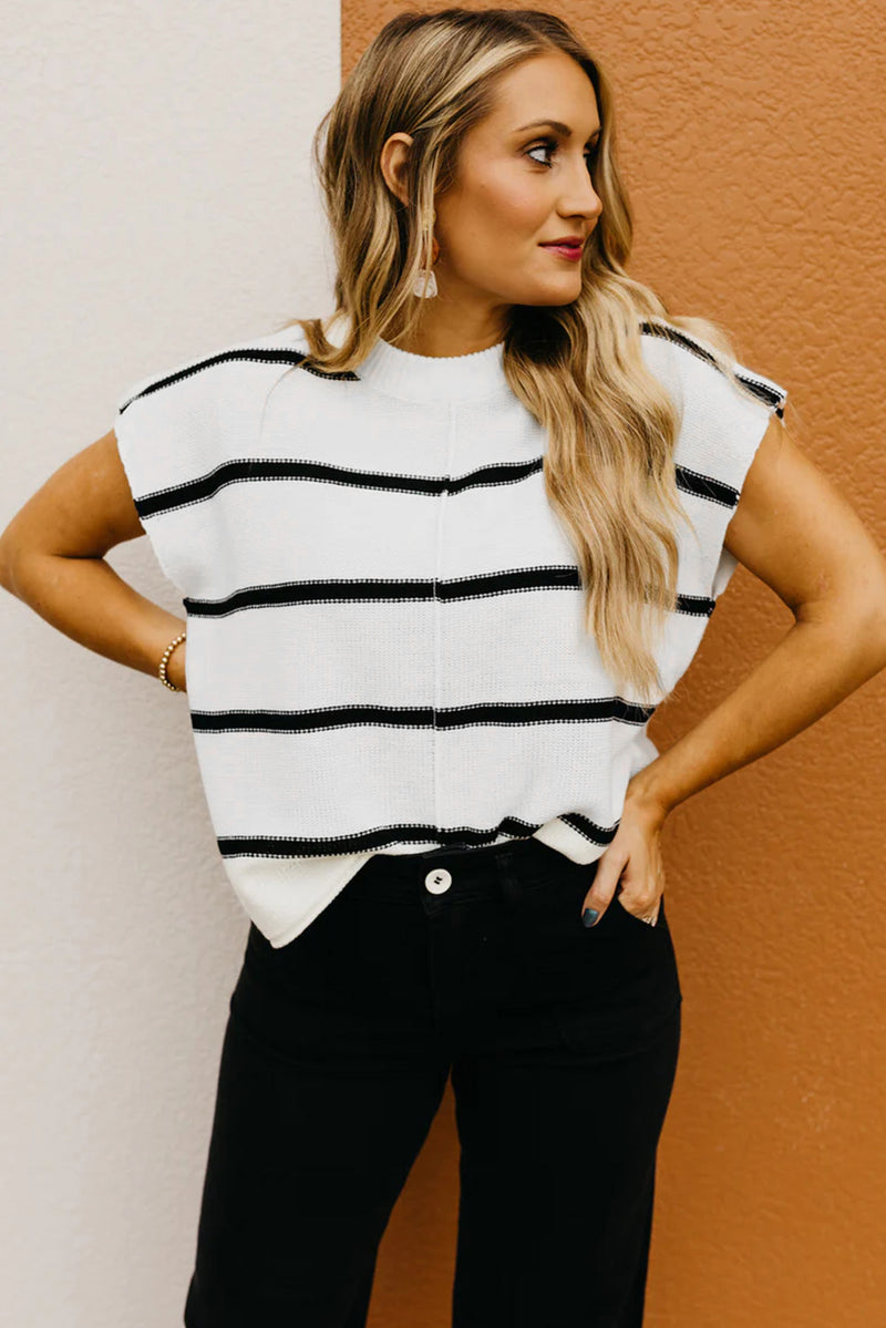 White Striped Center Seamed Short Sleeve Sweater