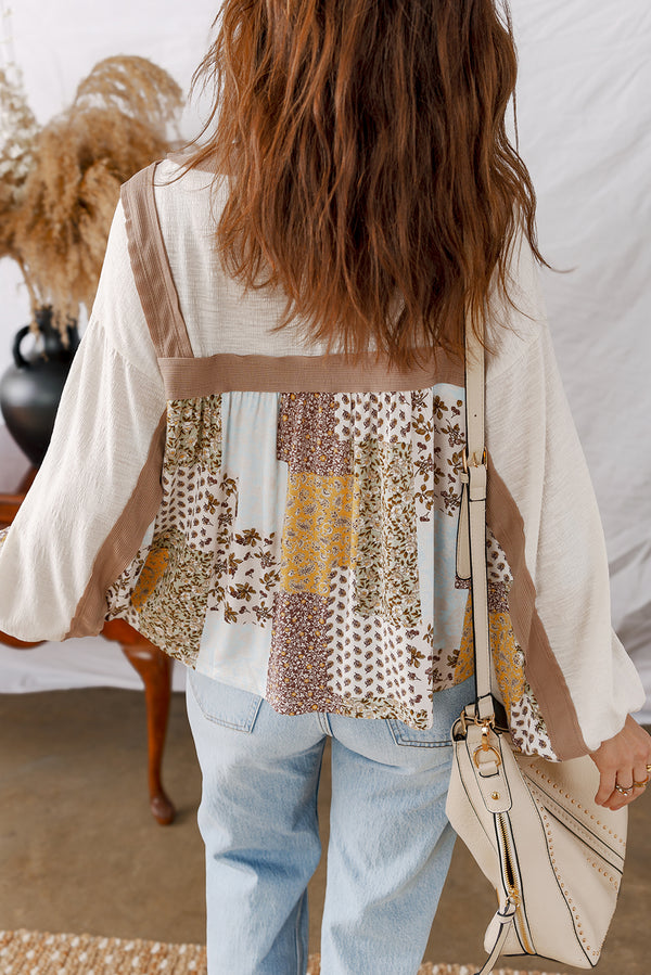 White Floral Print Patchwork Long Sleeve Top