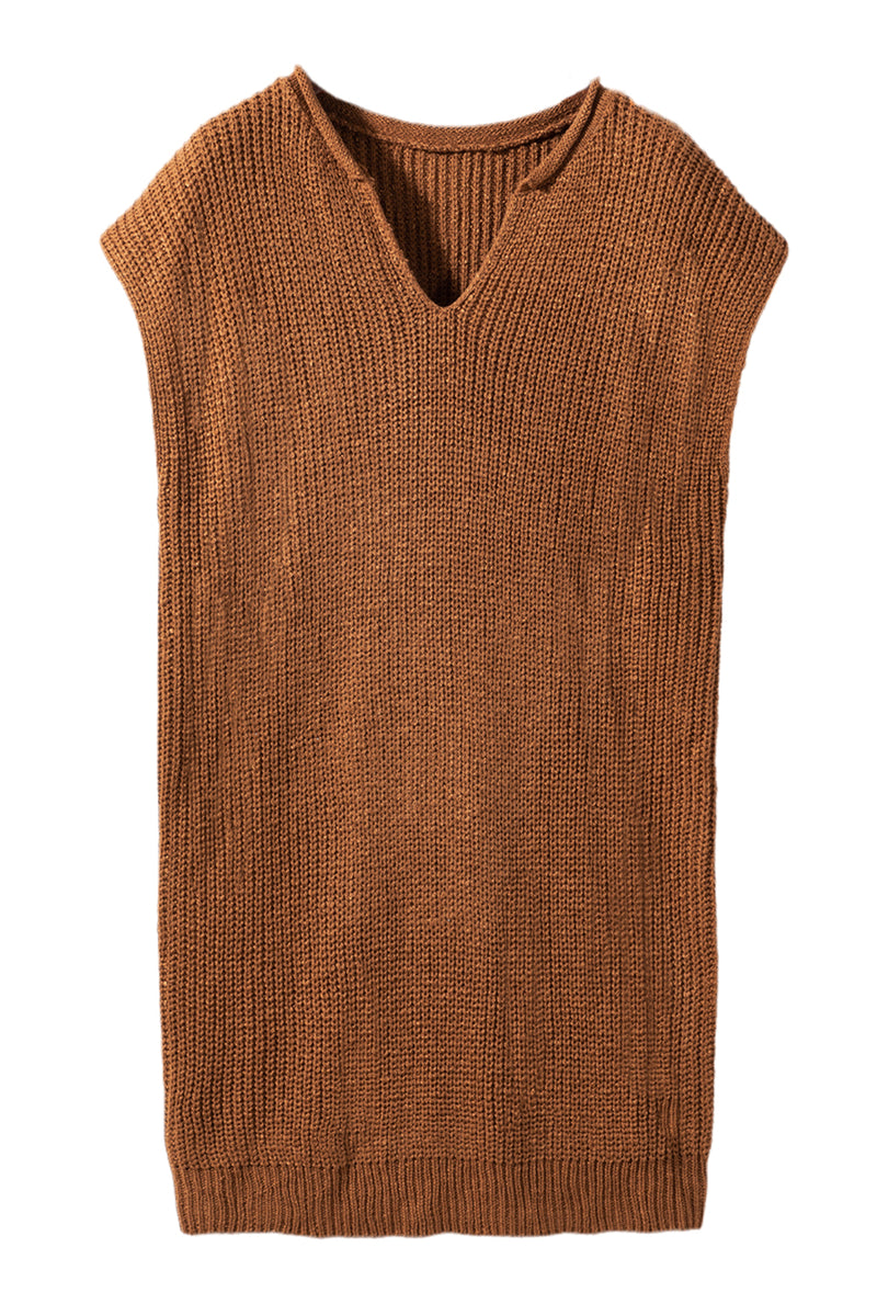 Camel V Neck Loose Fit Mini Knitted Dress
