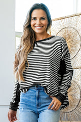 Black Stripe Patchwork Drop Shoulder Round Neck Top