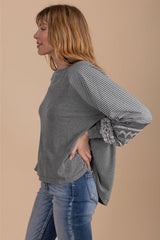 Tillandsia Purple Contrast Print Striped Raglan Long Sleeve Loose Top