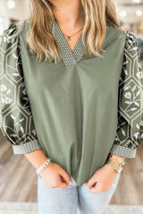 Grass Green Floral Puff Sleeve Contrast V Neck Patchwork Blouse