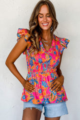 Rose Red Boho Floral Frill V Neck Smocked Peplum Blouse