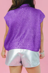 Bright Green Solid Color Metallic Knit High Neck Short Sleeve Sweater