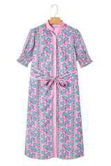 Pink Boho Floral Shirred Short Sleeve Belted Dress