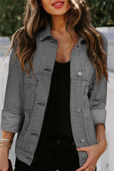 Sky Blue Stripe Washed Oversized Pocketed Denim Jacket
