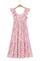 Pink Floral Print Square Neck Ruffled Strap Maxi Dress