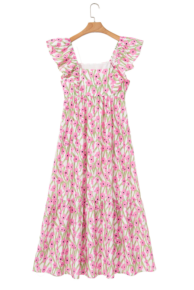 Pink Floral Print Square Neck Ruffled Strap Maxi Dress