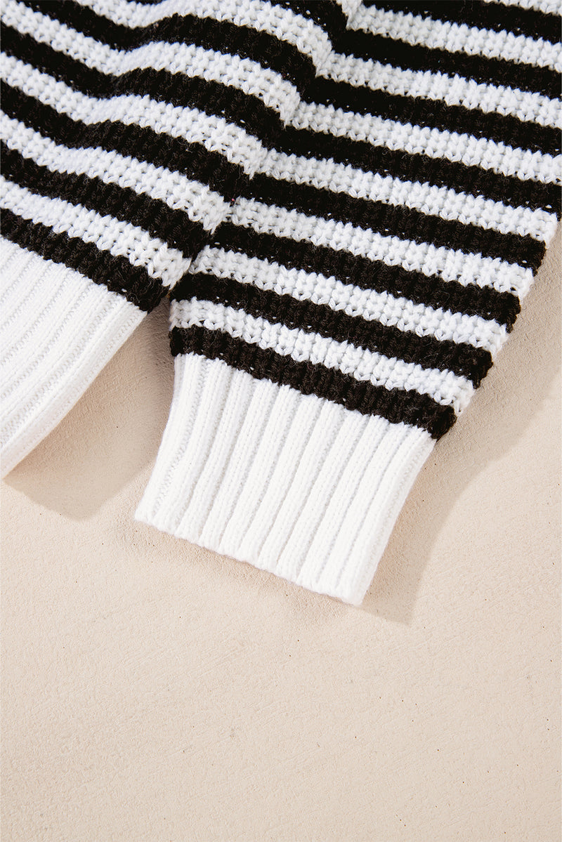 Sky Blue Stripe Zip up Collar Drop Shoulder Sweater