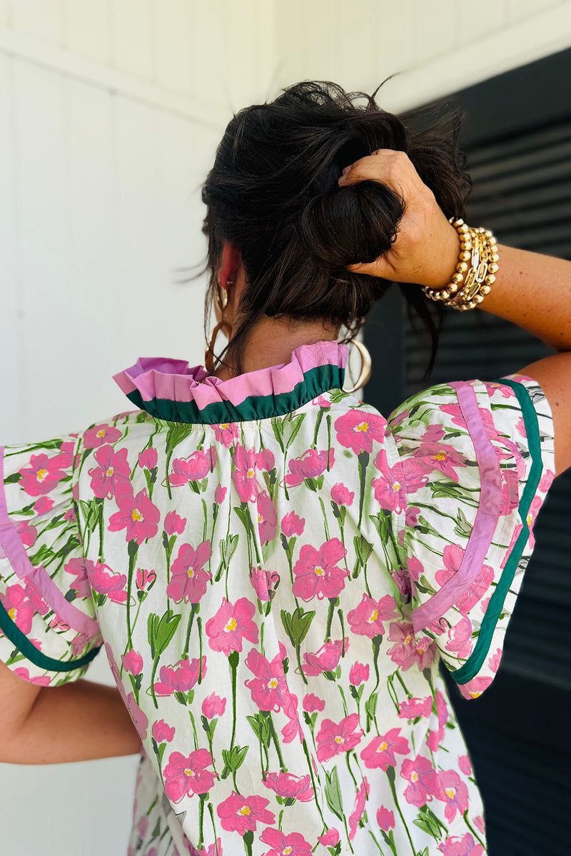 Red Floral Print Contrast Trim V Neck Double Ruffled Short Sleeve Blouse