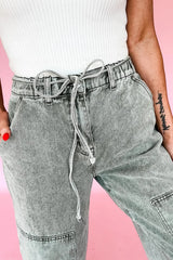 Smoke Gray Acid Wash Barrel Fit Denim Pants with Waist String