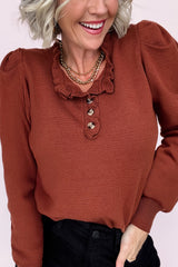 Clay Button Ruffle Neck Solid Color Knit Sweater