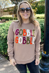 Dark Khaki GOBBLE Letter Graphic Thanksgiving Sweatshirt