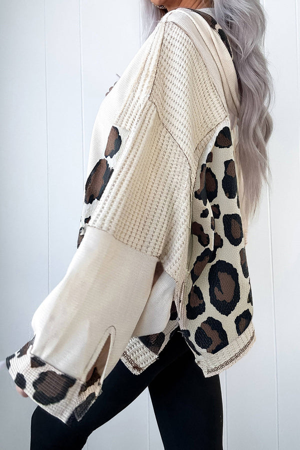 Apricot Leopard Mixed Texture Patchwork Zip Up Drop Shoulder Hoodie