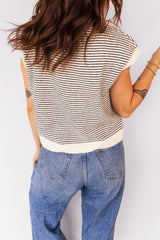 Black Stripe Contrast Trim Cap Sleeve Button Down Casual Cardigan