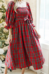 Green Plaid Square Neck Puff Sleeve Bowknot Waist Flared Midi Dress