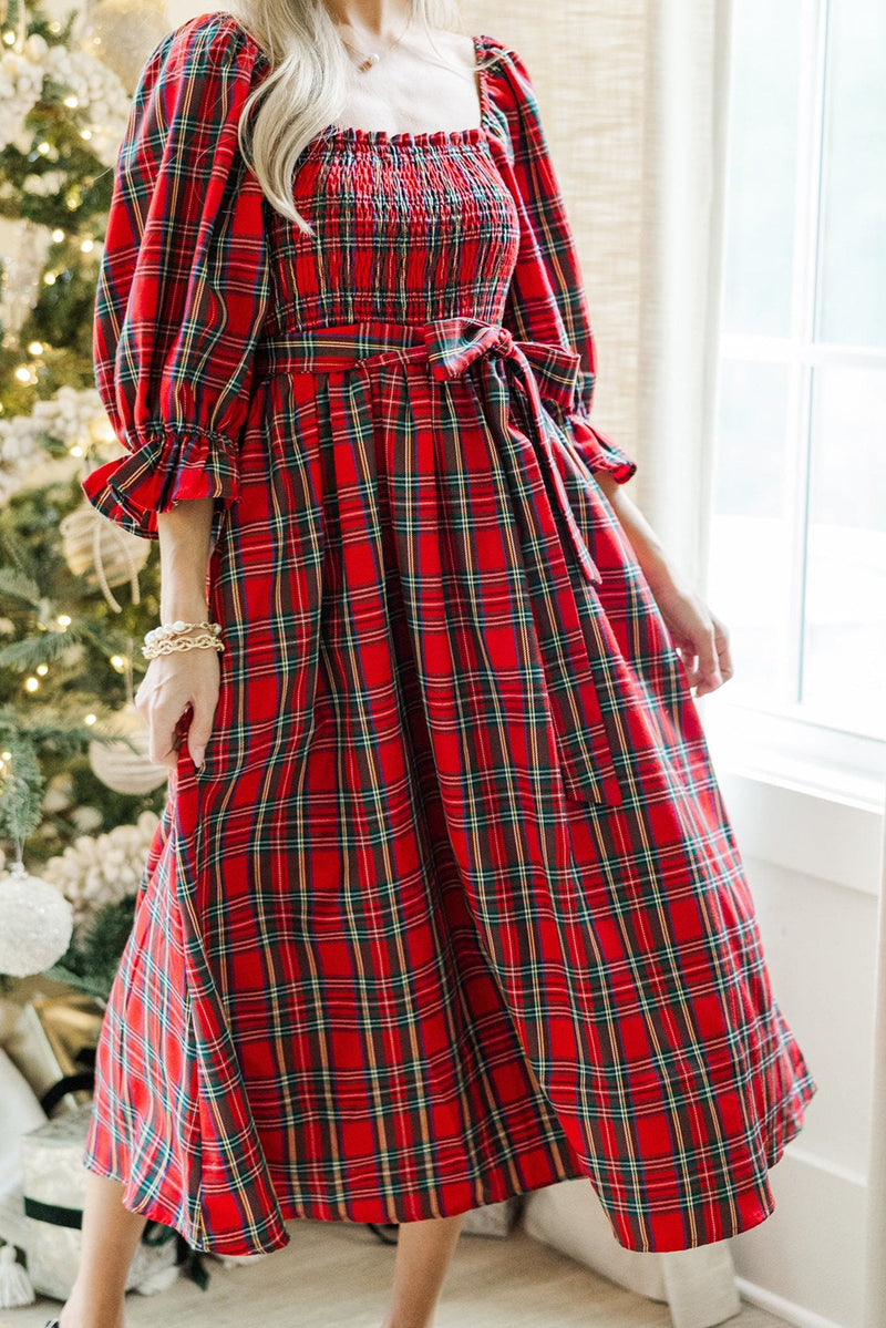 Green Plaid Square Neck Puff Sleeve Bowknot Waist Flared Midi Dress