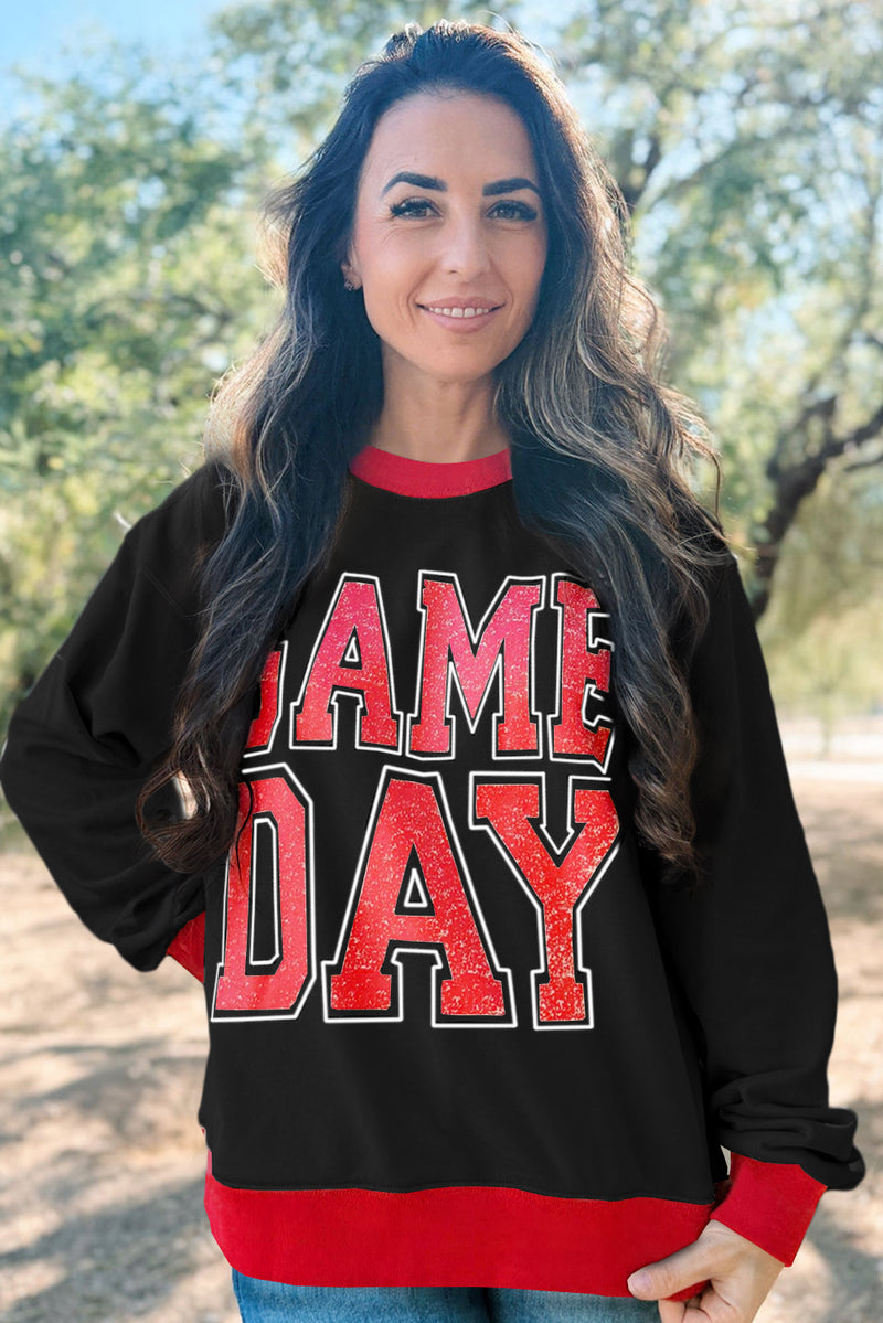 White GAME DAY Letter Contrast Trim Baggy Sweatshirt