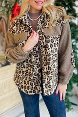 Brown Sherpa Leopard Print Flap Pocket Collared Button Up Jacket